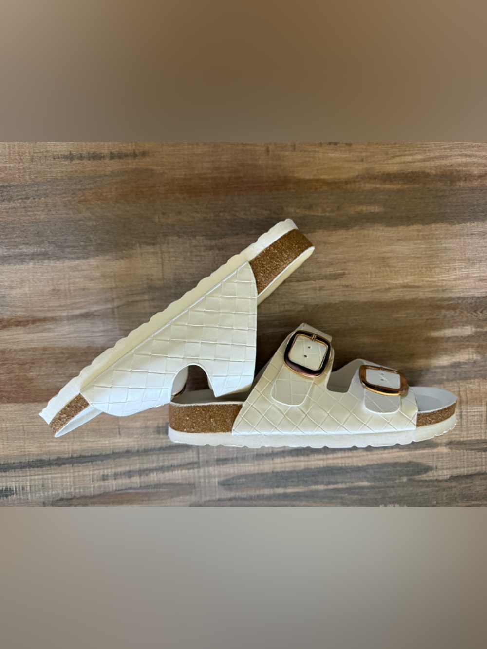 Women's Cream Woven Double-Buckle Slide Sandals with Gold Hardware 6M - Picture 6 of 14